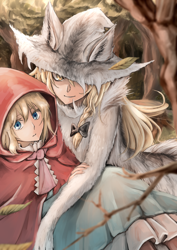 2girls, alice_margatroid, alternate_costume, animal_ears, big_bad_wolf, big_bad_wolf_(cosplay), blonde_hair, blue_eyes