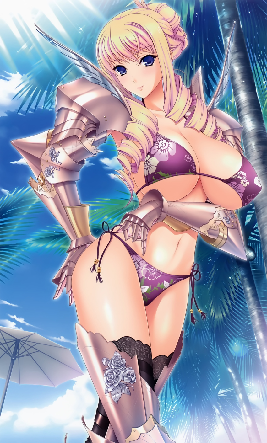 10s, 1girl, absurdres, armor, beach_umbrella, bertille_althusser, bikini, bikini_armor