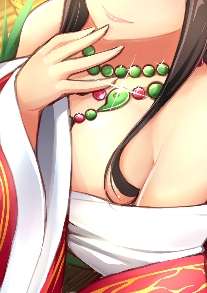 1girl, absurdres, bare_shoulders, beads, black_hair, breasts, dean_(momodean), female_focus, hand_to_own_mouth, head_out_of_frame, highres, japanese_clothes, jewelry, kimono, kushinada_(p&amp;d), large_breasts, lips, long_hair, long_sleeves, magatama, necklace, off_shoulder, out_of_frame, puzzle_&amp;_dragons, solo, sparkle, upper_body