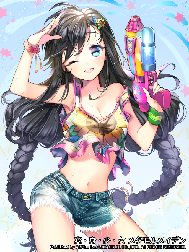 1girl, ;d, bad_id, bad_pixiv_id, blue_eyes, braid, breasts, cleavage, copyright_name, crop_top, crop_top_overhang, cutoffs, denim, denim_shorts, female_focus, floral_print, fringe_trim, hair_ornament, hairclip, hand_on_forehead, hen-shin-shou-jo_metamol_maiden, long_hair, looking_at_viewer, midriff, namyo, navel, off_shoulder, one_eye_closed, open_mouth, salute, shirt, shorts, sleeveless, sleeveless_shirt, smile, solo, sparkle, splashing, strap_slip, tank_top, teeth, trigger_discipline, twin_braids, very_long_hair, water, water_gun, weapon, wet