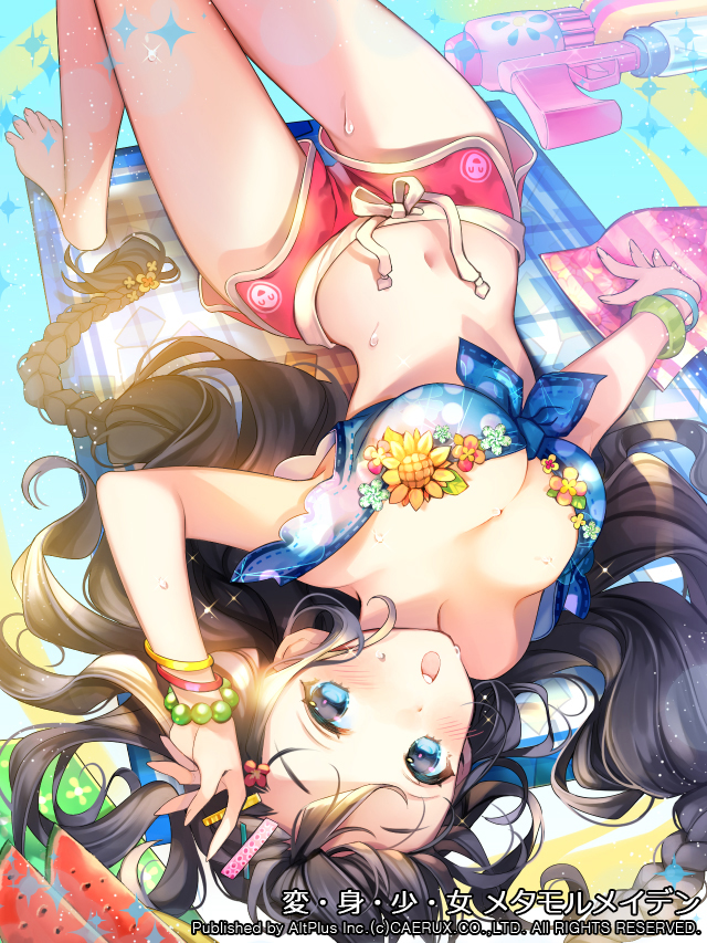 1girl, :o, bad_id, bad_pixiv_id, barefoot, bikini, black_hair, blue_eyes