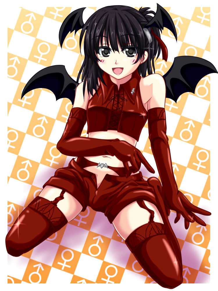 1boy, :d, aikawa_kizuna, alternate_costume, androgynous, asymmetrical_hair, bare_shoulders, bat_wings