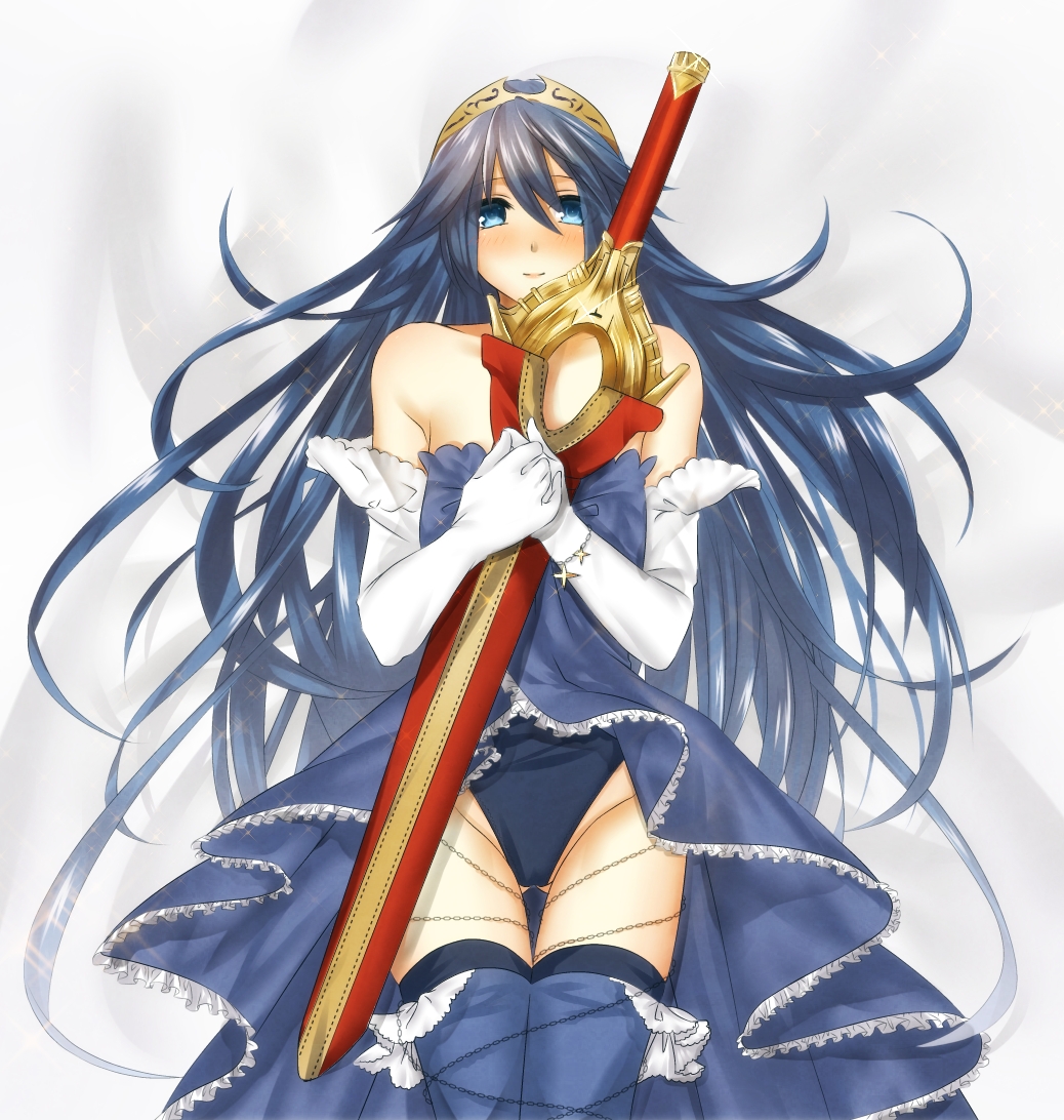 1girl, blue_eyes, blue_hair, blush, dress, elbow_gloves, female_focus, fire_emblem, fire_emblem_awakening, gloves, long_hair, lucina_(fire_emblem), matching_hair/eyes, nintendo, ruchiteumu, smile, solo, strapless, strapless_dress, sugita_(merinib), sword, thighhighs, tiara, very_long_hair, weapon