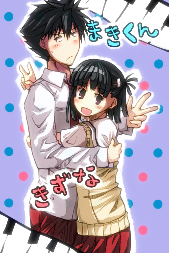 2boys, :d, aikawa_kizuna, androgynous, averting_eyes, bad_id, bad_pixiv_id, black_hair