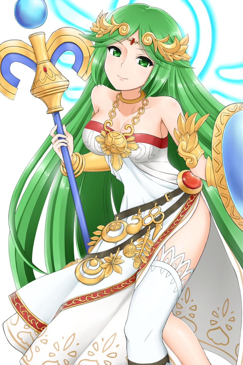 1girl, bare_shoulders, breasts, choker, cleavage, female_focus, green_eyes, green_hair, highres, jewelry, kid_icarus, long_hair, looking_at_viewer, lots_of_jewelry, matching_hair/eyes, neck_ring, nintendo, palutena, shield, smile, solo, staff, thighhighs, tsunaso_(lack_of_sunlight), very_long_hair, white_thighhighs