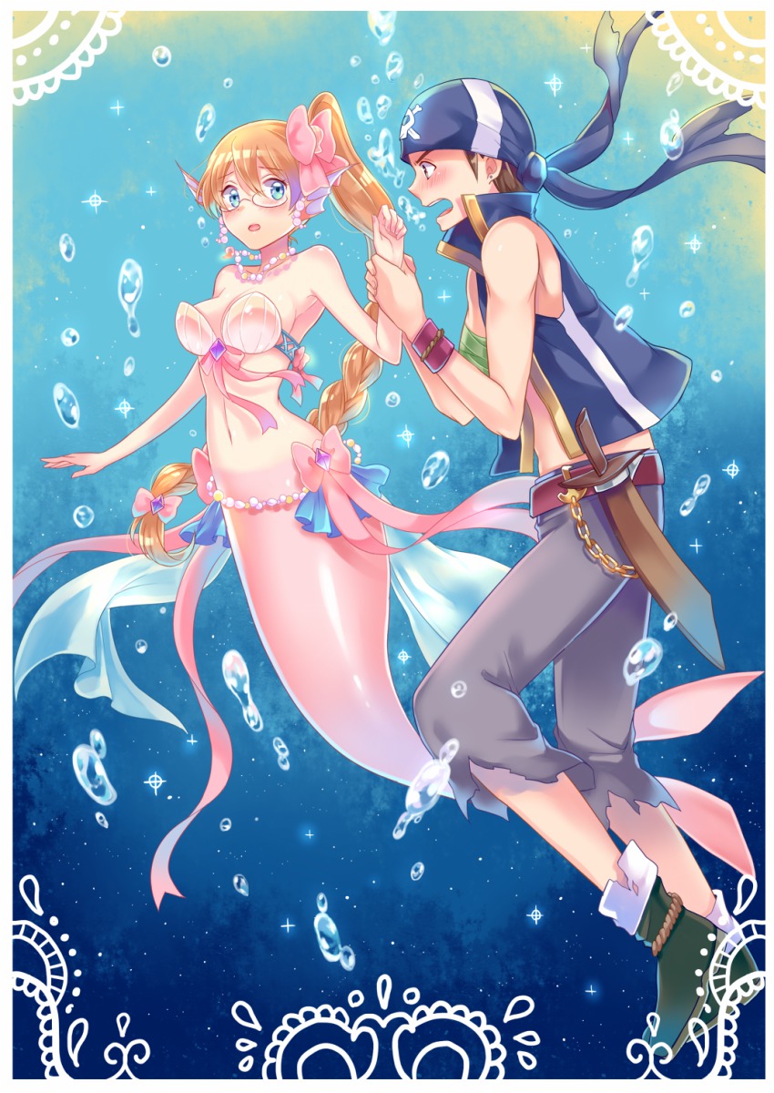 10s, 1boy, 1girl, andy_w_hall, aquarion_(series), aquarion_evol, bandana, bare_shoulders, bikini, blue_eyes, blush, bow, breasts, brown_hair, bubble, fins, glasses, hair_bow, head_fins, highres, jewelry, long_hair, mermaid, mix_(aquarion), monster_girl, multicolored_hair, navel, necklace, open_mouth, orange_hair, ponytail, purple_hair, ribbon, shell, shell_bikini, shishina, short_hair, sword, two-tone_hair, weapon