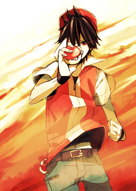 1boy, baseball_cap, denim, fingerless_gloves, gloves, hat, holding, holding_poke_ball