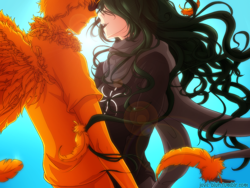 1boy, 1girl, backlighting, bird_wings, black_hair, buck_teeth, dave_strider, davesprite