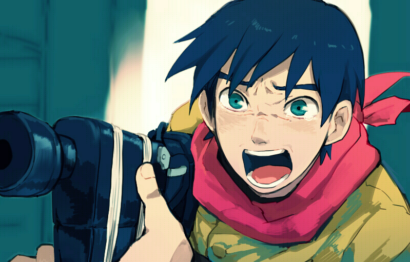 1boy, aiming, bad_id, bad_pixiv_id, blue_hair, close-up, commentary_request, green_eyes, gun, holding, holding_gun, holding_weapon, ima_soko_ni_iru_boku, male_focus, nabuca, nabuka, open_mouth, scarf, solo, t_k_g, tears, teeth, upper_body, weapon