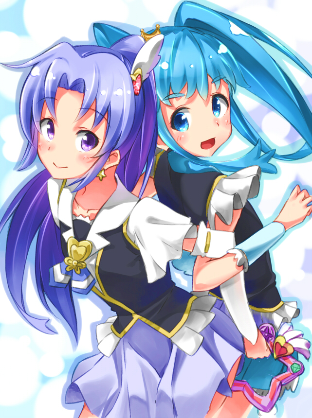 10s, 2girls, arm_warmers, blue_eyes, blue_hair, blue_skirt, blush, brooch