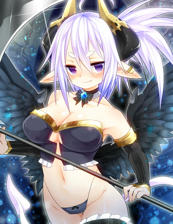 1girl, black_panties, black_wings, blush, bow, bow_panties, breasts, demon_horns