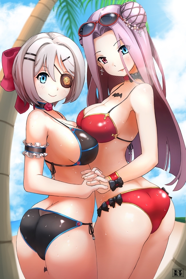 2girls, animal_print, arm_garter, ass, bat_print, beach, bikini, blue_eyes, blush, bow, breasts, butt_crack, choker, cleavage, cloud, cross, day, earrings, eyepatch, eyewear_on_head, frills, hair_ornament, heterochromia, holding_hands, interlocked_fingers, iri_flina, jewelry, large_breasts, long_hair, looking_at_viewer, luna_flina, multiple_girls, navel, open_mouth, outdoors, palm_tree, purple_hair, red_eyes, ribbon, shiny_skin, short_hair, siblings, side-tie_bikini_bottom, silver_hair, sisters, sky, smile, strap_gap, sunglasses, swimsuit, sword_girls, tattoo, tree, water, wet, wet_clothes, wristband