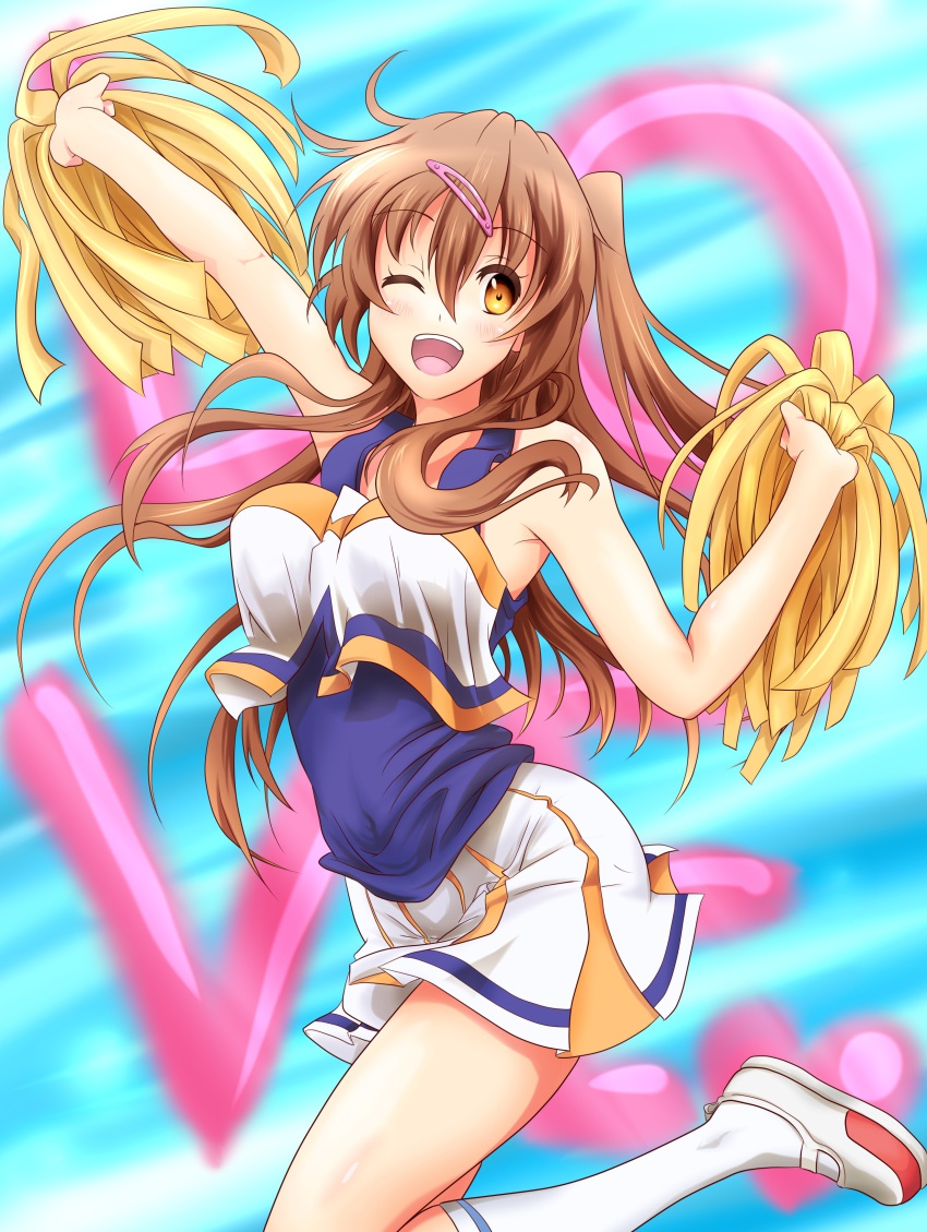 10s, 1girl, ;d, absurdres, asm_(iambros), brown_eyes, brown_hair, cheerleader