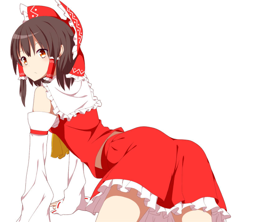 1girl, all_fours, ascot, black_hair, detached_sleeves, dress, female_focus, frills