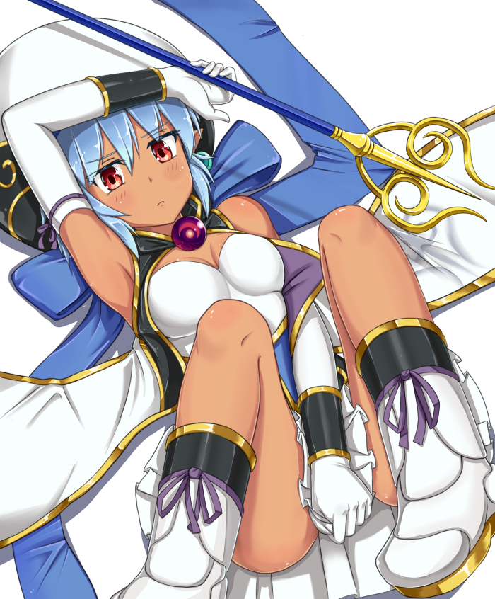 1girl, arm_up, bare_shoulders, blue_hair, blush, boots, breasts, cleavage