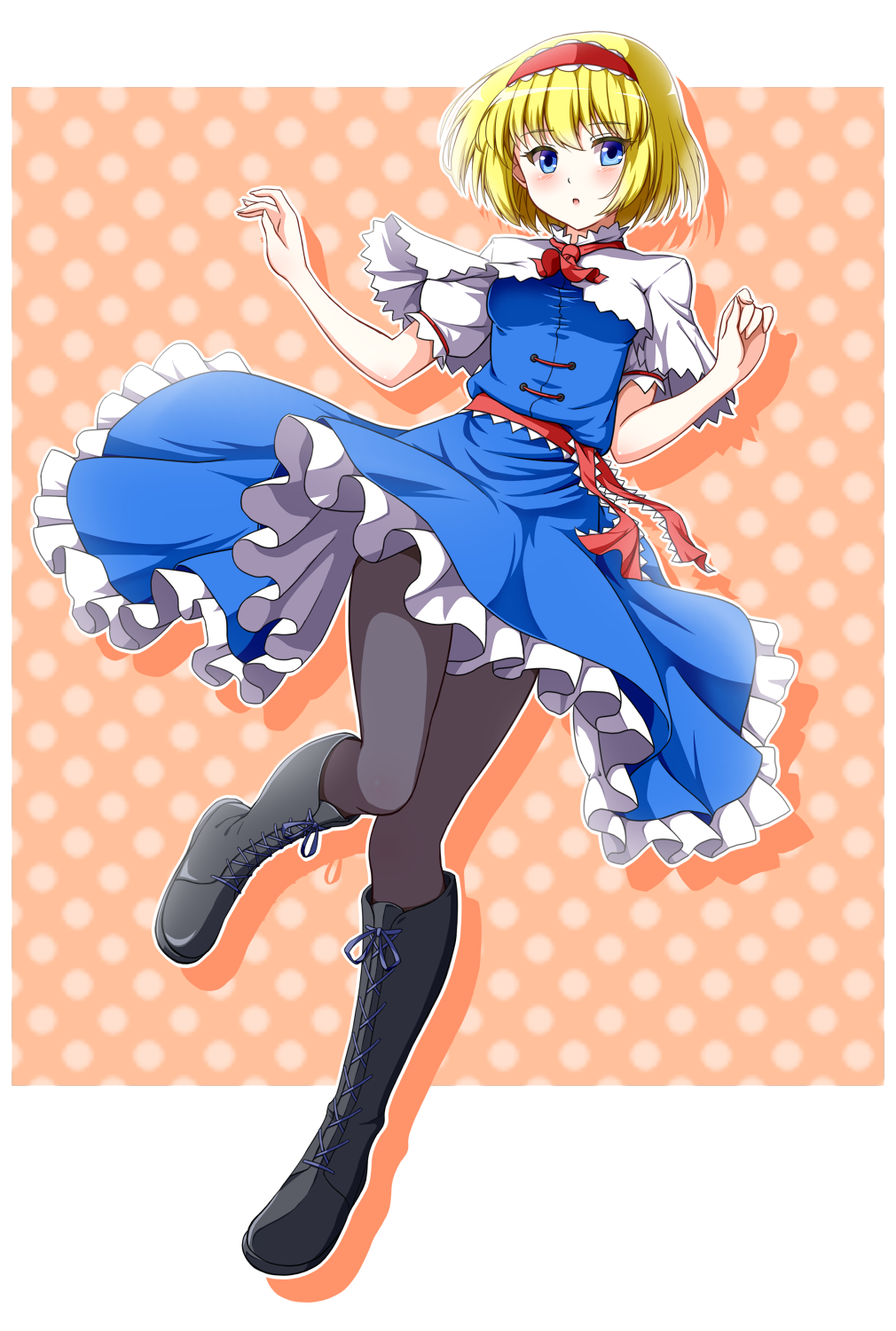 1girl, alice_margatroid, avalondeduko, blonde_hair, blue_eyes, boots, dezuko_(dezuko_no_heya), female_focus