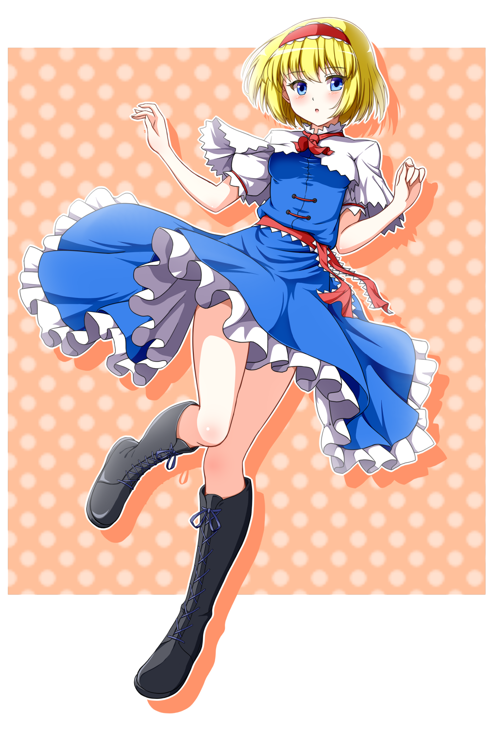 1girl, alice_margatroid, avalondeduko, blonde_hair, blue_eyes, boots, dezuko_(dezuko_no_heya), female_focus