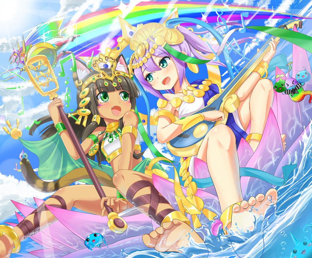 2girls, :d, animal_ears, anklet, aqua_eyes, banjo, bare_legs, barefoot, bastet_(p&amp;d), black_hair, bubblie, cat_ears, cat_tail, crown, dark_skin, dark-skinned_female, dub-mythlit, fang, feet, green_eyes, hair_ornament, hair_tubes, hawe_king, headgear, holding, instrument, jewelry, lakshmi_(p&amp;d), long_hair, looking_at_another, lots_of_jewelry, multicolored_hair, multiple_girls, mythlit, navel, necklace, open_mouth, ponytail, purple_hair, puzzle_&amp;_dragons, rainbow, rainbow_keeper, sitting, smile, soles, staff, tail, toes, two-tone_hair, woodsie