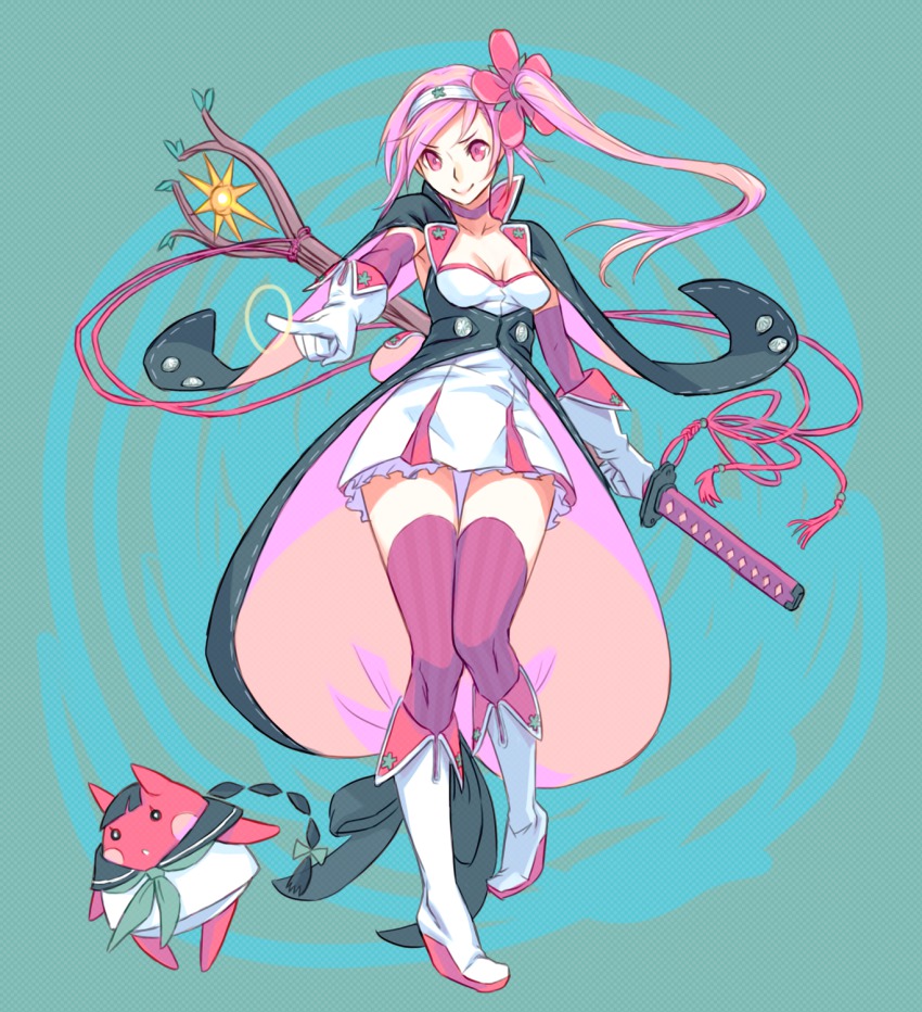 10s, 1girl, black_hair, boots, braid, breasts, cleavage, flower, gloves, hair_flower, hair_ornament, highres, long_hair, mahou_shoujo_taisen, mahou_shoujo_taisen_contest_2, original, pink_eyes, pink_hair, platform_footwear, school_uniform, serafuku, side_ponytail, small_breasts, smile, striped_clothes, striped_thighhighs, thighhighs, utu_(ldnsft), vertical-striped_clothes, vertical-striped_thighhighs, white_gloves, white_thighhighs