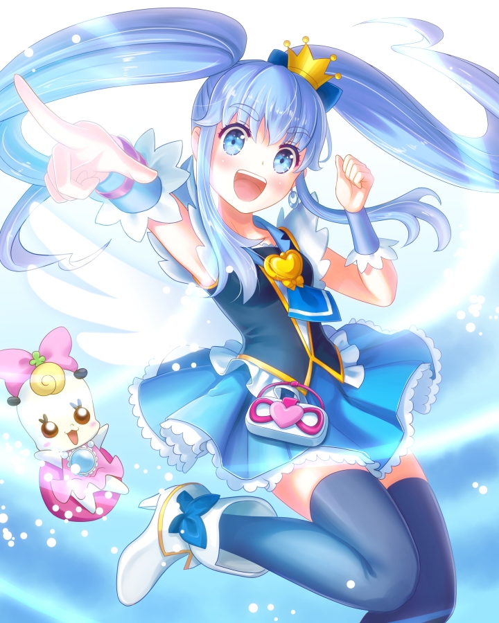 10s, 1girl, bad_id, bad_pixiv_id, blue_background, blue_eyes, blue_hair, blue_skirt