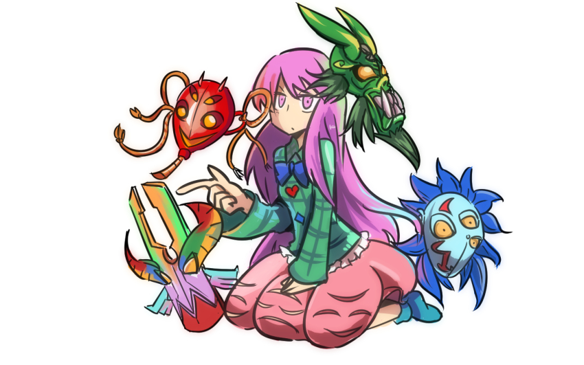 1girl, azure_demon_mask, blue_bow, bow, bubble_skirt, collared_shirt, crossover, diamond_(shape), divine_indigo_mask, female_focus, frilled_shirt, frills, full_body, hand_on_lap, hata_no_kokoro, heart, long_hair, long_sleeves, mask, mystic_mask, parody, pink_eyes, pink_hair, pink_skirt, plaid_clothes, plaid_shirt, pointing, puzzle_&amp;_dragons, red_evolution_mask, shirt, simple_background, sitting, skirt, socks, solo, touhou, very_long_hair, wariza, white_background, zassou_maruko