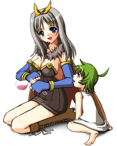 2girls, alchemist, alchemist_(ragnarok_online), boots, breasts, cape, cleavage, green_hair