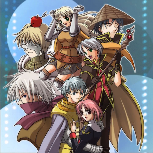 2girls, 5boys, apple, armor, arrow_(projectile), assassin_(ragnarok_online), food, food_as_clothes