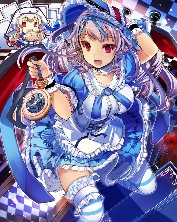 1girl, 2girls, alice's_adventures_in_wonderland, chess_piece, chessboard, chibi, detached_collar, dress
