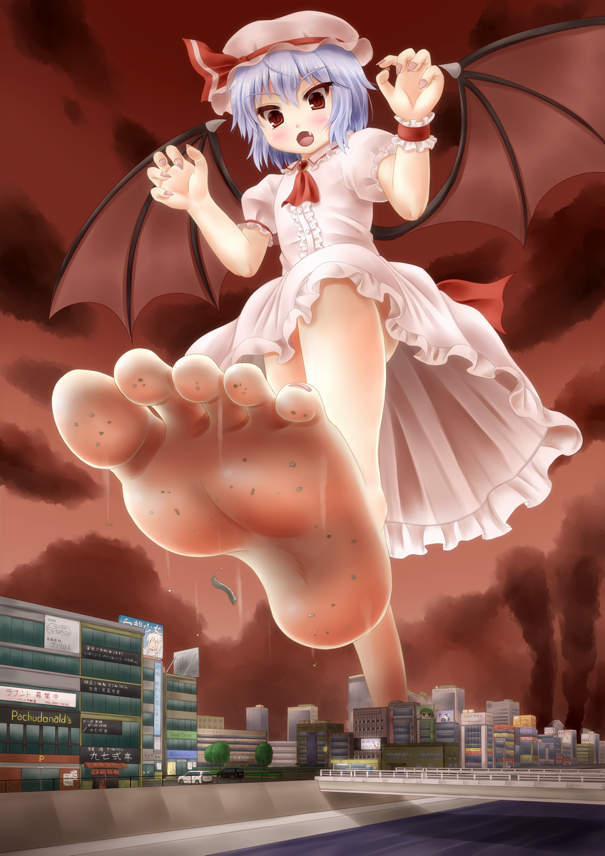 1girl, aonagi_ibane, barefoot, bat_wings, blue_hair, city, dirty, dirty_feet