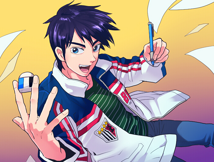 1boy, :d, bad_id, bad_pixiv_id, blue_eyes, blue_hair, denim, eraser