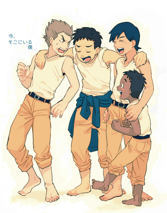 4boys, age_difference, arm_around_neck, bad_id, bad_pixiv_id, barefoot, belt, black_hair