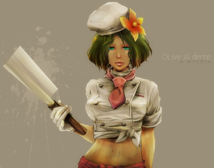 1girl, ace_attorney, character_name, chef_hat, dark-skinned_female, dark_skin, female_focus, flower