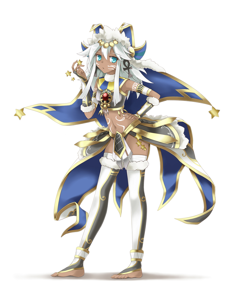 1girl, ancient_egyptian, ankh, aqua_eyes, barefoot, dark-skinned_female, dark_skin, female_focus, flan_(zhd91), jewelry, lots_of_jewelry, navel, puzzle_&amp;_dragons, solo, sopdet_(p&amp;d), thighhighs, toe_ring, toeless_legwear, white_hair