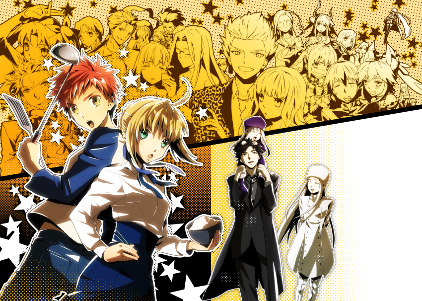 10s, 6+boys, 6+girls, absurdres, ahoge, archer_(fate), artoria_pendragon_(fate), bazett_fraga_mcremitz, bb_(fate), bb_(fate/extra), caren_hortensia, cu_chulainn_(fate), cu_chulainn_(lancer)_(fate), elizabeth_bathory_(fate), elizabeth_bathory_(fate/extra), emiya_kiritsugu, emiya_shirou, fate/extra, fate/extra_ccc, fate/hollow_ataraxia, fate/stay_night, fate/zero, fate_(series), gilgamesh_(fate), gilgamesh_(modern_costume_of_volupte)_(fate), heracles_(fate), highres, huge_filesize, illyasviel_von_einzbern, irisviel_von_einzbern, julius_belkisk_harway, kishinami_hakuno_(female), kishinami_hakuno_(male), kotomine_kirei, leonard_bistario_harway, mar_o, matou_sakura, medusa_(fate), medusa_(rider)_(fate), multiple_boys, multiple_girls, nero_claudius_(bride)_(fate), nero_claudius_(fate), official_alternate_costume, pantyhose, rani_viii, saber_(fate), tamamo_no_mae_(fate), tamamo_no_mae_(sable_mage)_(fate), tohsaka_rin