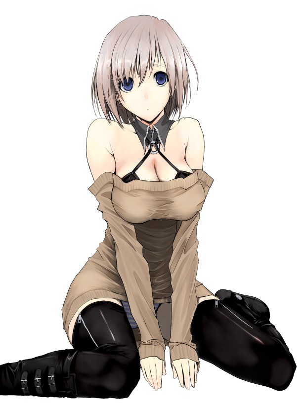 1girl, akahoshi_kenji, bare_shoulders, black_thighhighs, blue_eyes, blue_panties, boots, breasts, cleavage, dress, female_focus, large_breasts, off_shoulder, original, panties, pantyshot, shiny_clothes, short_dress, short_hair, silver_hair, simple_background, sitting, solo, strap, striped_clothes, striped_panties, thighhighs, underwear, zettai_ryouiki, zipper