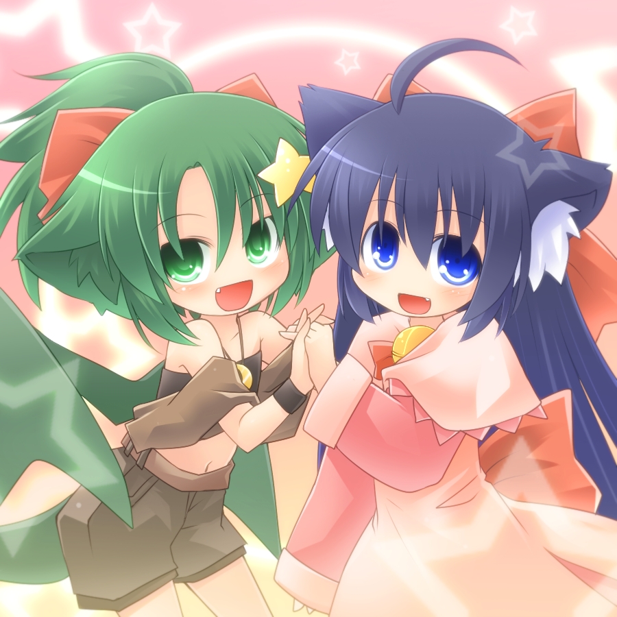 2girls, :d, ahoge, animal_ears, bell, belt, blue_eyes, blue_hair, blush, bms_of_fighters, collarbone, cowboy_shot, dress, fang, green_eyes, green_hair, hair_ribbon, halterneck, interlocked_fingers, jingle_bell, kso, long_hair, looking_at_viewer, multiple_girls, navel, open_mouth, original, pink_dress, ribbon, shorts, smile, standing, tooth