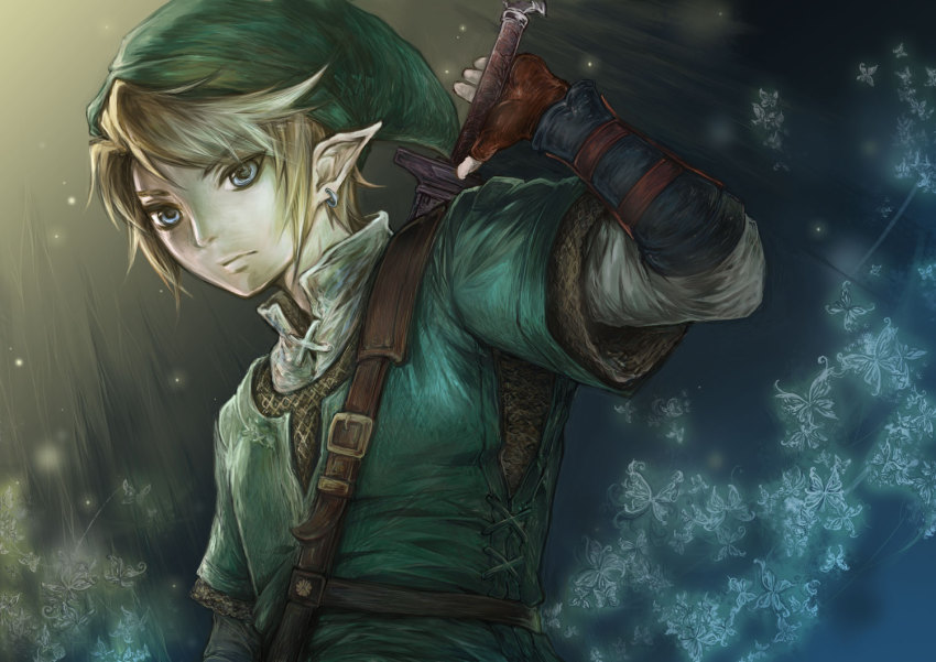 1boy, blonde_hair, blue_eyes, bug, butterfly, earrings, gloves, hat, hoshino_chika, jewelry, link, male_focus, nintendo, pointy_ears, solo, sword, the_legend_of_zelda, the_legend_of_zelda:_twilight_princess, weapon
