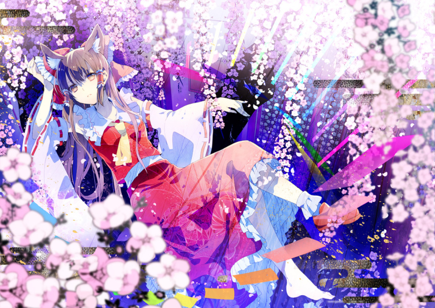 1girl, ascot, barefoot, bow, brown_eyes, brown_hair, cherry_blossoms, detached_sleeves