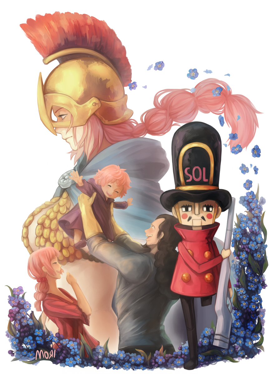 1boy, 2girls, armor, black_hair, braid, breasts, dressrosa, family