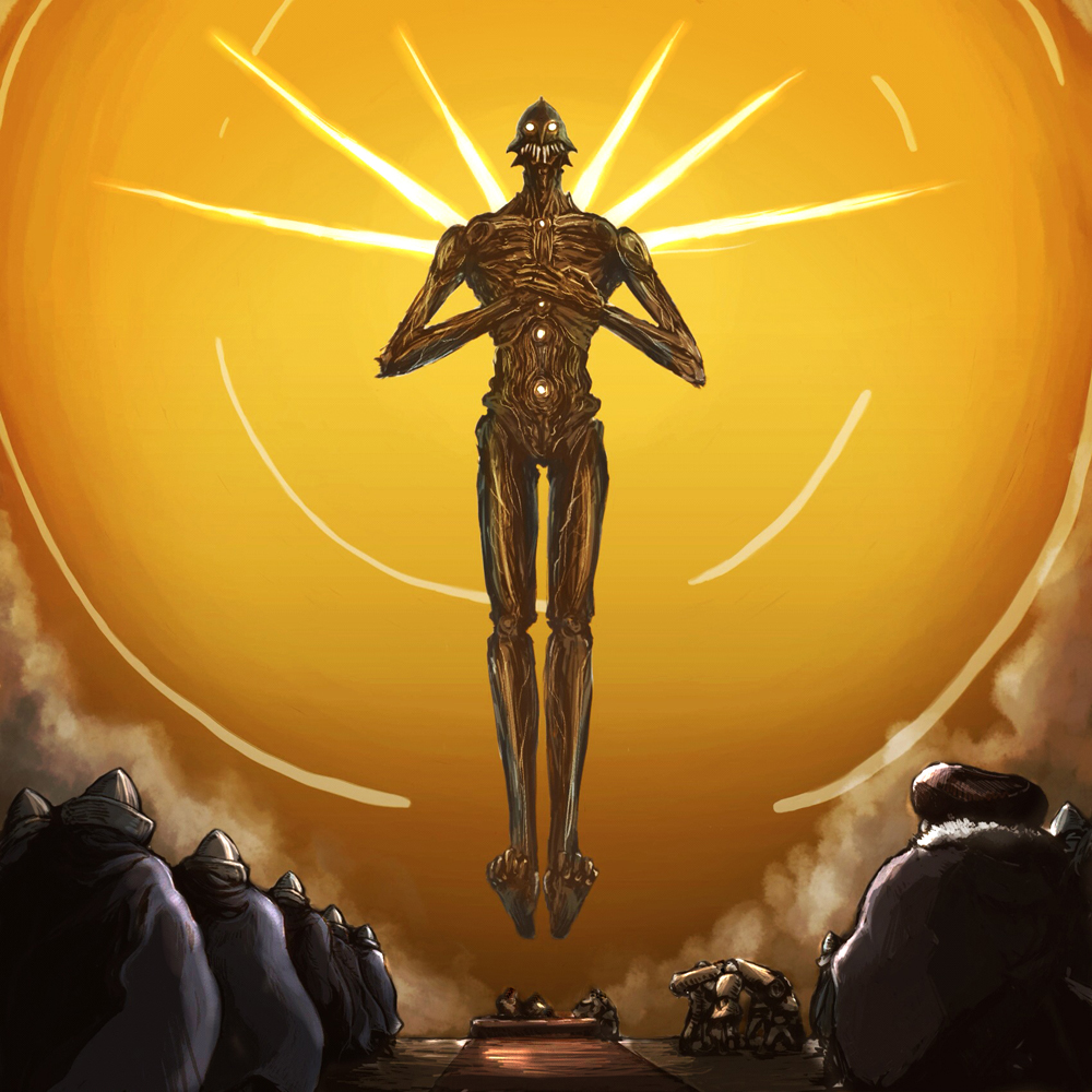 10s, beige_background, bone, bowing, cloak, evangelion:_3.0_you_can_(not)_redo, fangs, floating, giant, glowing, glowing_eyes, i-carmine, kaze_no_tani_no_nausicaa, kyoshinhei, monster, neon_genesis_evangelion, rebuild_of_evangelion, robe, simple_background, veins