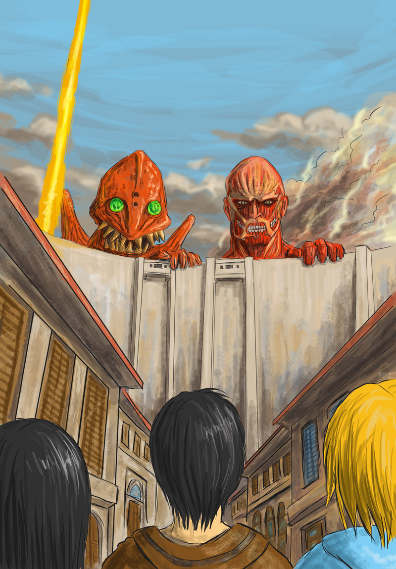 1girl, 2boys, armin_arlert, black_hair, blonde_hair, building, colossal_titan, crossover, eren_yeager, giant, glowing, glowing_eyes, itou_michirou, kaze_no_tani_no_nausicaa, kyoshinhei, mikasa_ackerman, monster, multiple_boys, muscular, shingeki_no_kyojin, short_hair, stone_wall, titan_(shingeki_no_kyojin), wall, weapon