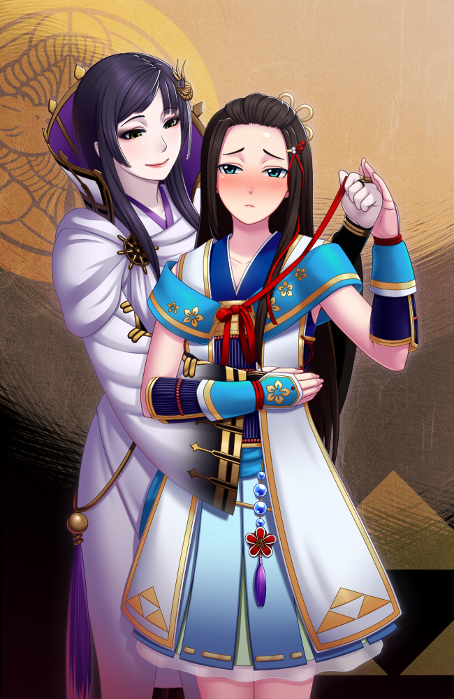 2girls, amase_(yagami666), armor, armored_dress, aya_(sengoku_musou), bad_id, bad_pixiv_id, black_hair