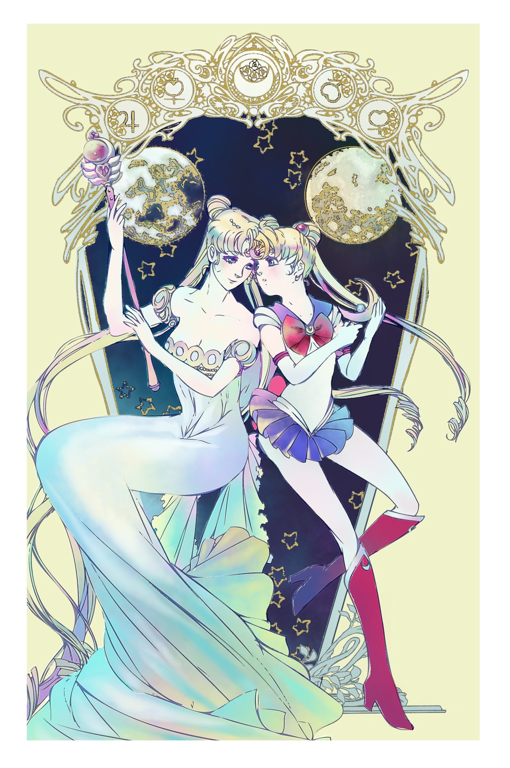 2girls, bare_shoulders, bishoujo_senshi_sailor_moon, bishoujo_senshi_sailor_moon_(first_season), bishoujo_senshi_sailor_moon_r, blonde_hair, blue_eyes, blue_sailor_collar, boots, bow, breasts, cleavage, crescent, crescent_facial_mark, crescent_moon, double_bun, dress, dual_persona, facial_mark, full_moon, hair_bun, hair_ornament, highres, knee_boots, long_dress, long_hair, maboroshi_no_ginzuishou, magical_girl, mars_symbol, medium_breasts, mercury_symbol, moon, moon_stick, multiple_girls, princess_serenity, red_bow, sailor_collar, sailor_moon, sei_(hochi-chudesu), strapless, strapless_dress, tiara, tsukino_usagi, twintails, venus_symbol, wand