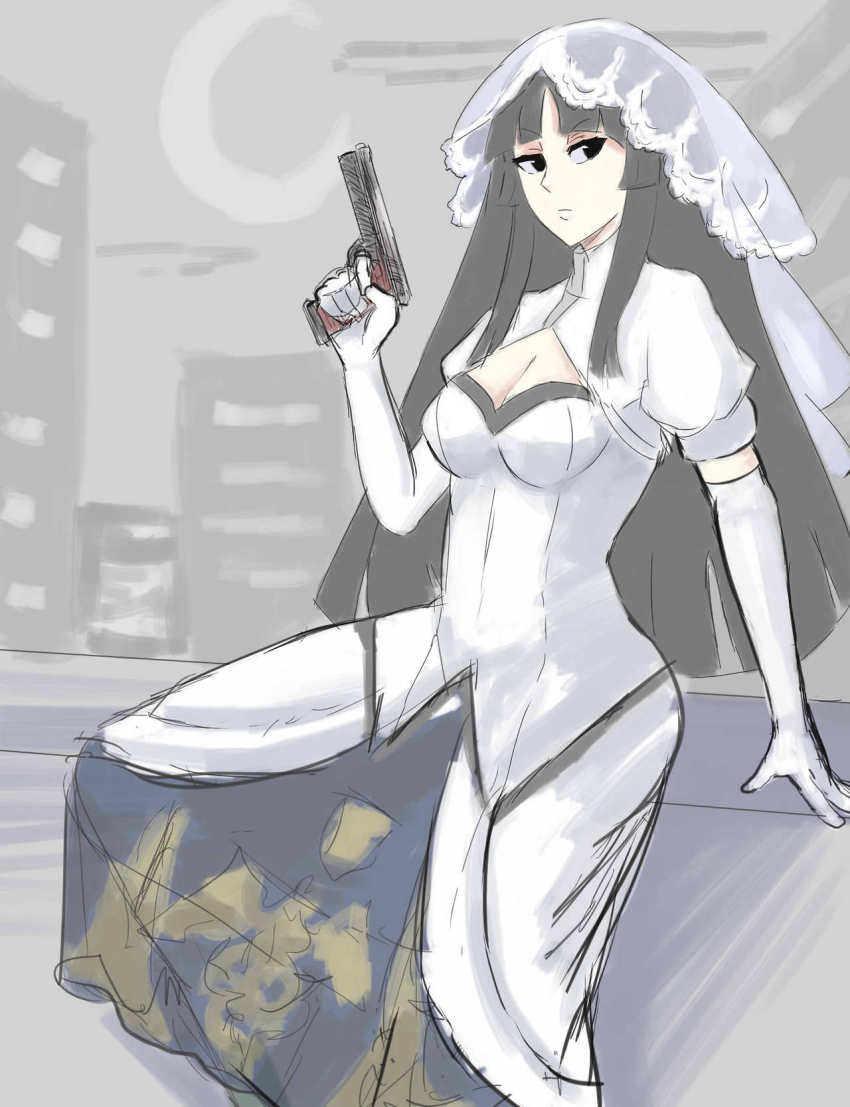 1girl, bad_id, bad_pixiv_id, breasts, cleavage, elbow_gloves, female_focus, gloves