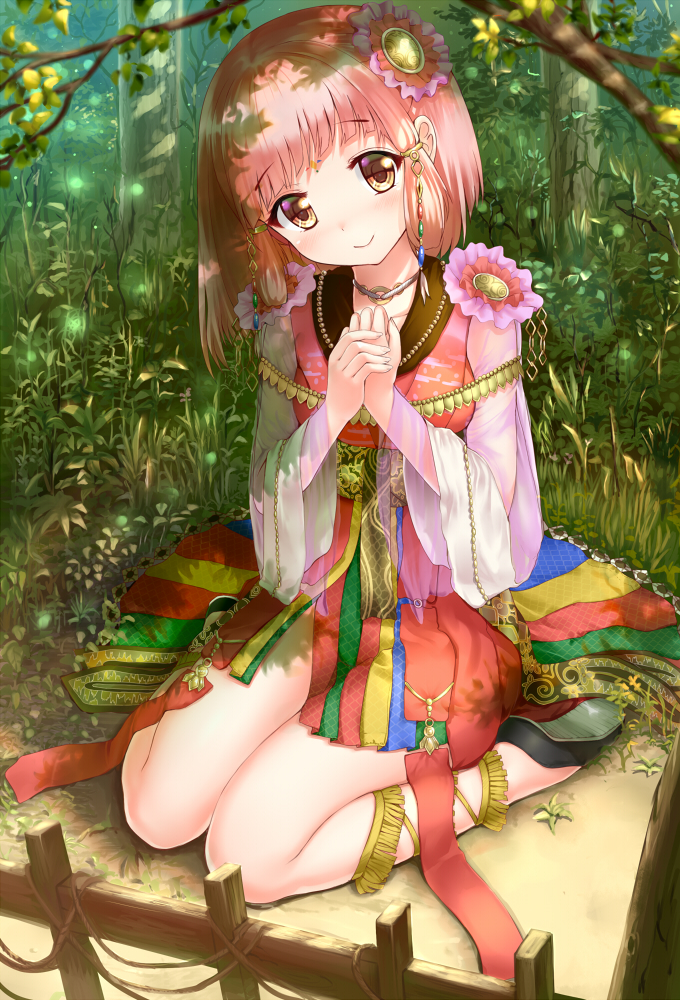 1girl, aldehyde, ayato_hime, bob_cut, brown_eyes, female_focus, grass, hair_ornament, japanese_mythology, moeru!_jiten, moeru!_nihon_shinwa_no_megami_jiten, no_socks, pink_hair, short_hair, sitting, slippers, smile, solo