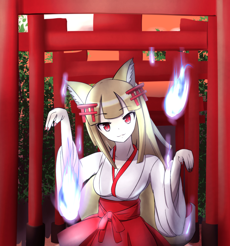 1girl, :3, animal_ears, bad_id, bad_pixiv_id, blunt_bangs, breasts, brown_hair, cleavage, female_focus, fox_ears, fox_tail, goshiro_collection, head_tilt, hitodama, japanese_clothes, lotus12000, miko, nail_polish, oshiro_project:re, paw_pose, red_eyes, senko_(oshiro_collection), senko_(oshiro_project), slit_pupils, solo, tail, torii, torii_hair_ornament, wide_sleeves