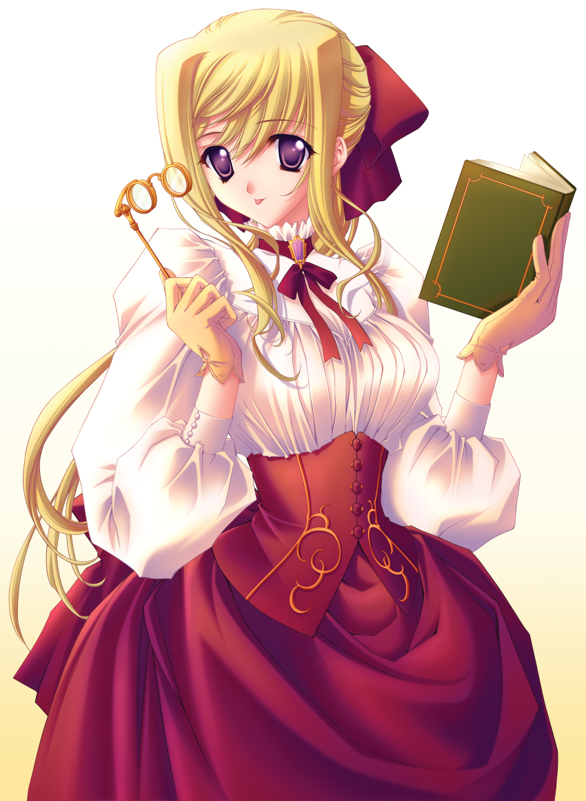 1girl, :p, absurdres, blonde_hair, book, bow, breasts, buttons