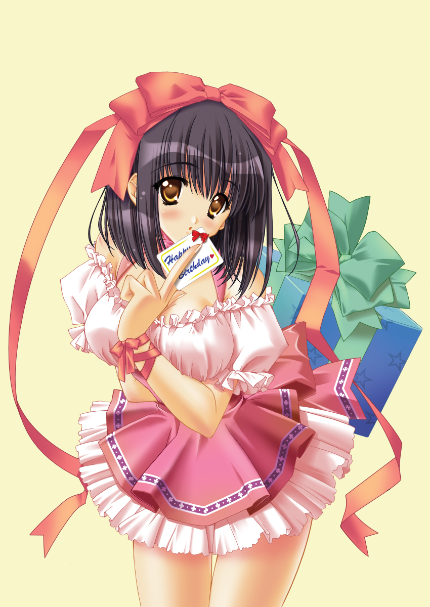 1girl, :o, absurdres, apron, bare_shoulders, black_hair, blush, bow