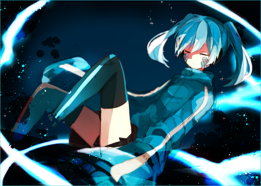 1girl, bad_id, bad_pixiv_id, black_thighhighs, blue_hair, closed_eyes, ene_(kagerou_project), facial_mark