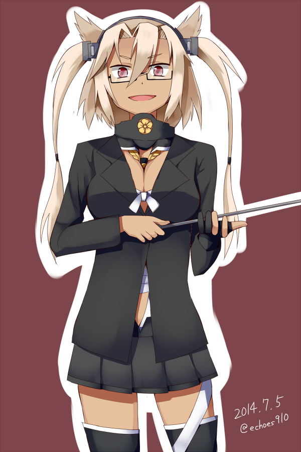 10s, 1girl, alternate_costume, between_breasts, blonde_hair, breasts, dark-skinned_female, dark_skin